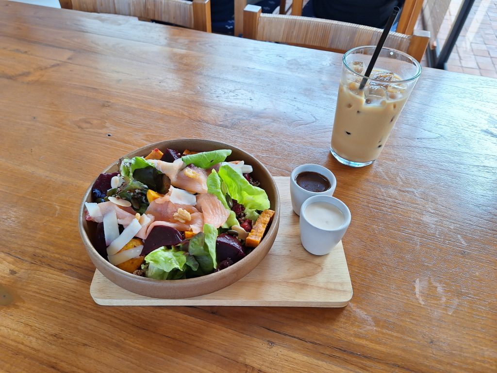 Roasted root veg salad and iced coffee